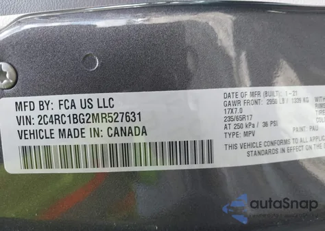 2021 Chrysler Pacifica Touring L из США, поврежденный, VIN 2C4RC1BG2MR527631